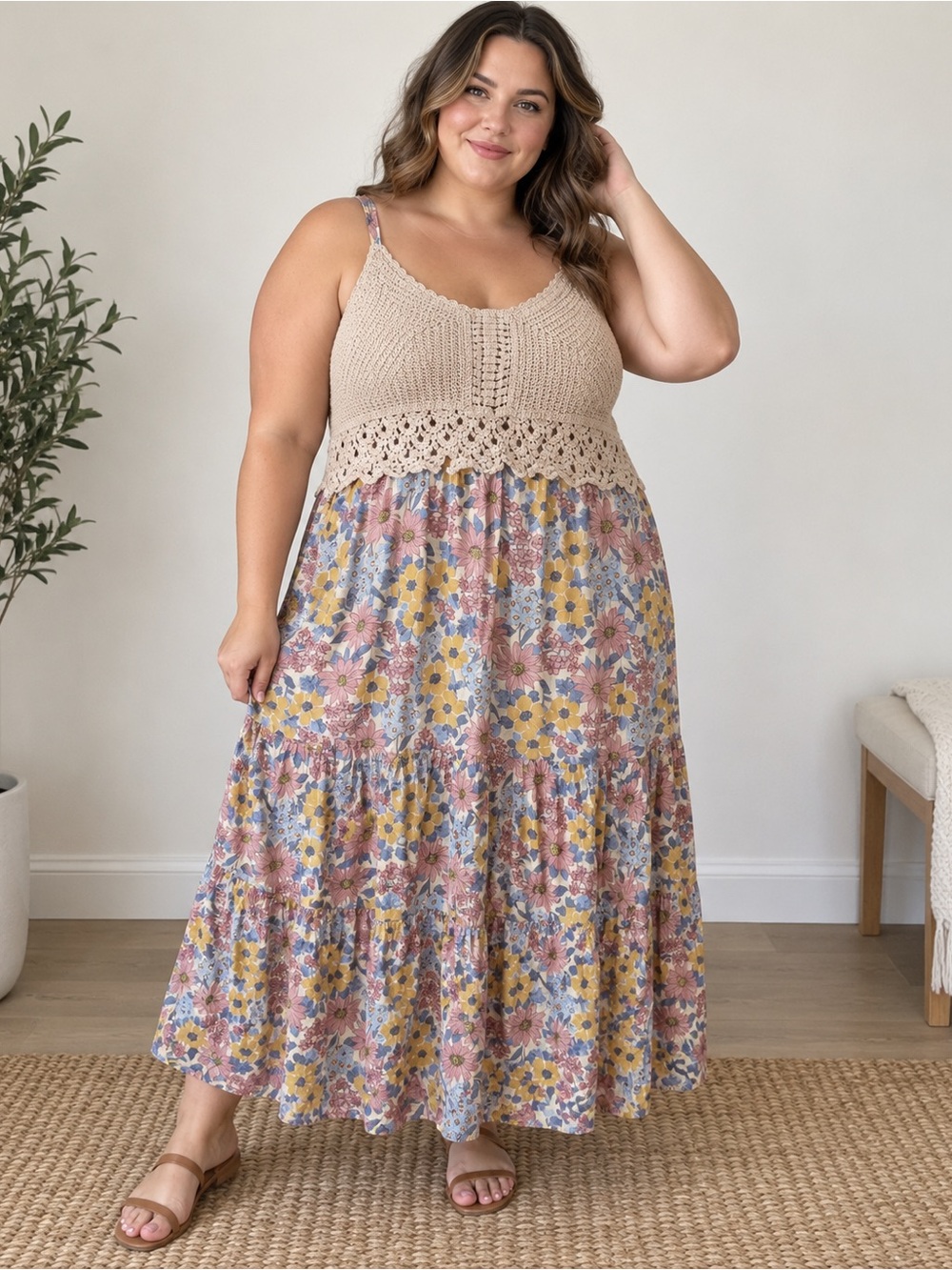 Crochet Waist Floral Maxi Skirt - Beige & Multicolor
